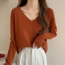 

Women's Autumn New Knitted Sweater V Neck Long Sleeve Casual Knitwear Female Solid Basic Loose Soft All-match Pullover Femme