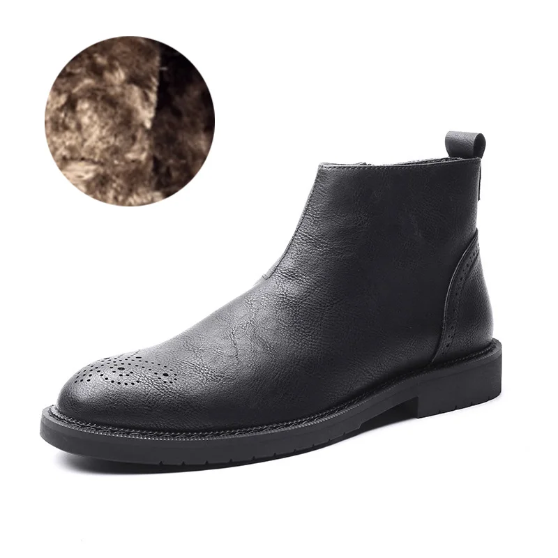 winter black Модные ботильоны; удобная зимняя обувь; черные кожаные мужские зимние ботинки; Мужская обувь в стиле ретро; мужские зимние ботинки на меху; Челси - Цвет: winter black