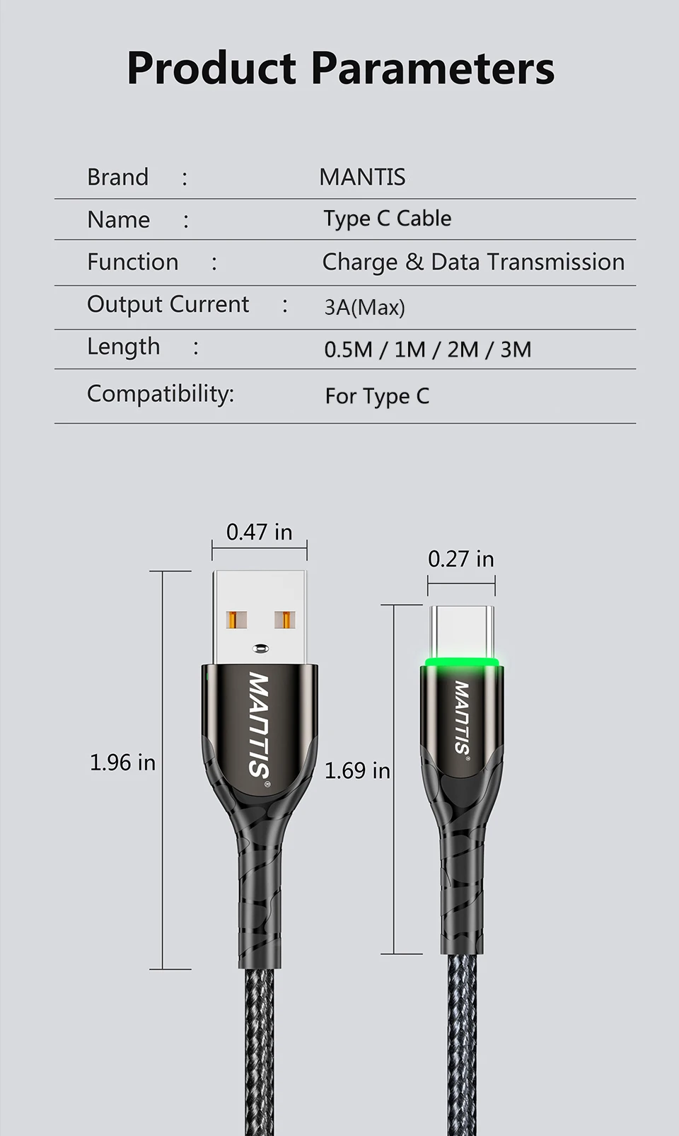 MANTIS 3 м 2 м 1 м usb type C кабель для samsung a50 s10 s9 s8 светодиодный USB C кабель синхронизации данных провод для быстрой зарядки Xiaomi Mi9 Redmi K20 Pro