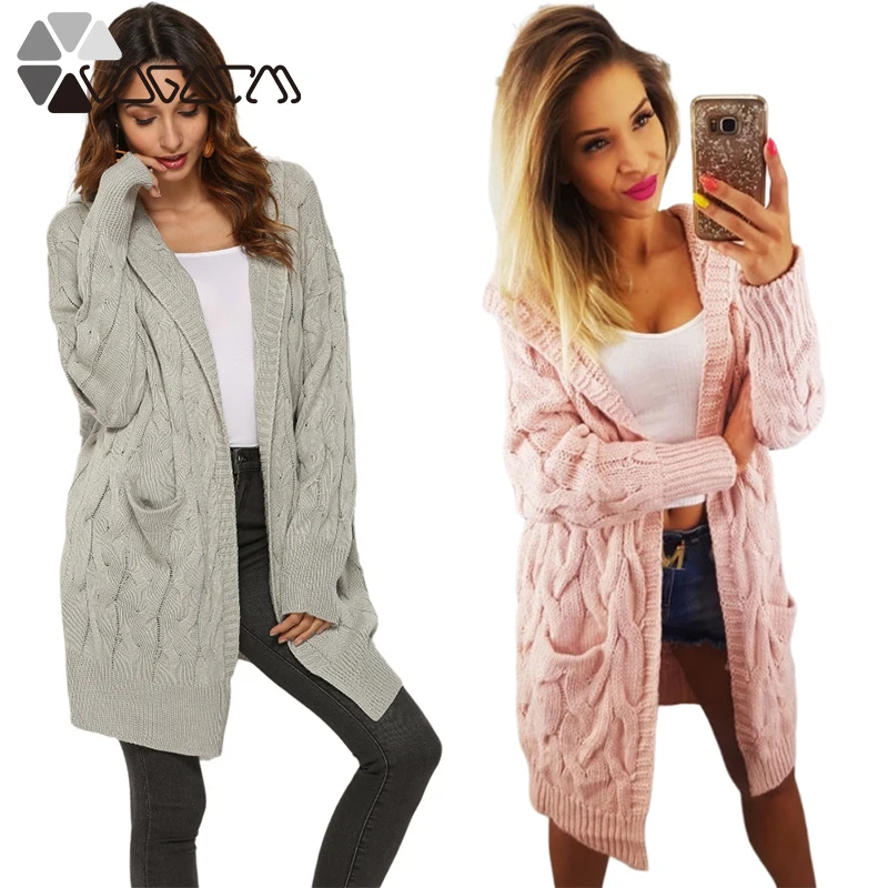 

New Plus Size Women Hooded Sweaters Knitted Sweater Coat Long Sleeve Casual Solid Color Cardigan Fashion Twist Weaving Cardigans