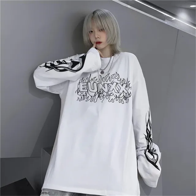 Cool Women Fashion Korean Oversized Long Sleeve T Shirt Hip Hop Punk ...