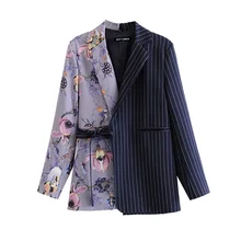 

Patchwork Buttonless Blazer Street Aesthetics Mid Length Suit Women 2021 Spring Autumn New Fashion Floral Blazers Loose Casual