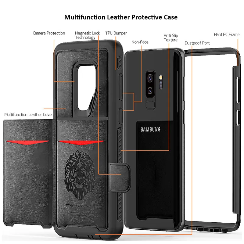 

Retro PU leather Case for Samsung Galaxy S9 Plus Magnetic Multi-Card phone Case for Samsung Note 9 Cover Coque