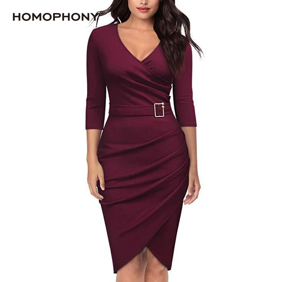 

HOMOPHONY Plus Size Dress Women Office Lady Sexy Solid Bodycon Clothes Summer Long Sleeve V Neck Party Midi Work Formal Dress