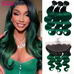 Turquoise Bundles With Frontals Pre Plucked Malaysian Body Wave With 13x4 Closure Dark Roots 1B Green Ombre Bundles With Frontal