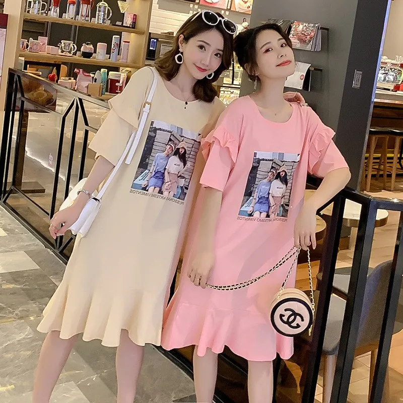 

Maternity Clothes Loose-Fit Cartoon 2019 Summer Wear on Clothes New Style Korean-style T-shirt Base Shirt Mid-length Fashion