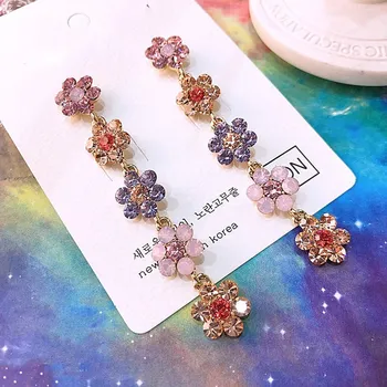 

MENGJIQIAO New Korean Shiny Crystal Colorful Flower Long Earrings For Women Elegant Party Dangle Pendientes Jewelry Gifts