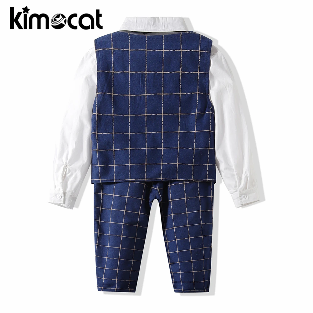 Kimocat/красивая белая рубашка с бантом и жилетом для новорожденных+ клетчатые штаны Одежда для маленьких джентльменов комплект одежды для мальчиков в строгом стиле