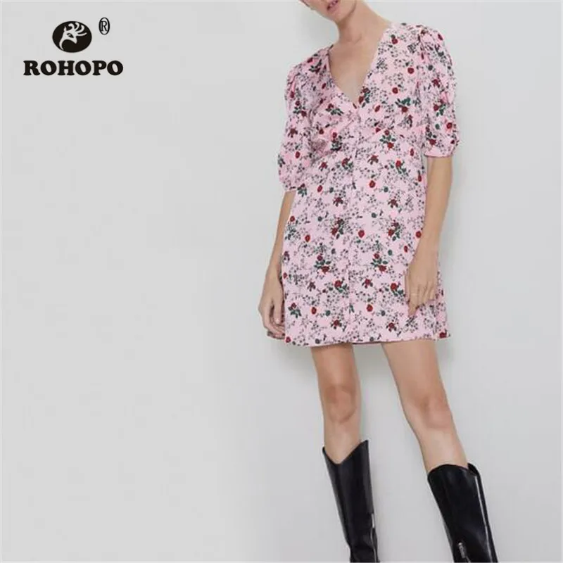 

ROHOPO Red Rose White Daisy Floral Pink Mini Dress Draped Puff Sleeve V Collar Front Buttons Fly Flared Hem Female Vestido #6465