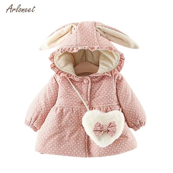 

ARLONEET Children long sleeved ruffled dot print rabbit ears thickened plus velvet warm jacket cotton suit + love bag Outwear