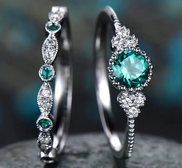 Fashion Jewelry Feather Wedding Ring Zircon Lady Emerald Two-Piece Set women rings Crystal stone Party Gift for girl | Украшения и