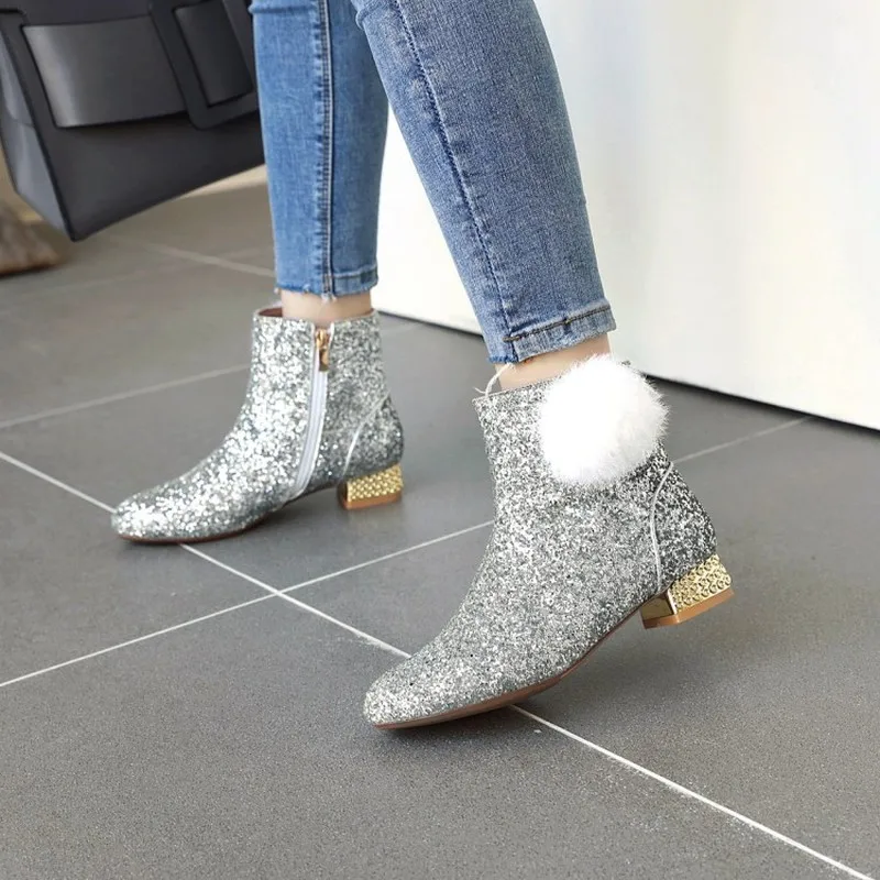 

US4-11 Womens Sequins Bling Fur Ball Ankle Boots Bowknot Lace Pearls Block Chunky Low Heel Side Zip Shoes Gold Sliver Plus Size