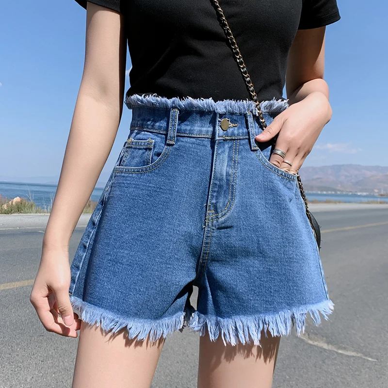 

High Waist Denim Shorts Jeans Women Casual Loose Wide-Leg Roll Up Hem Elastic Waist Pocket Blue White Jeans Female Summer