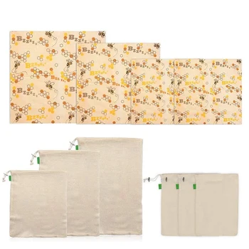 

10Pcs Beeswax Wraps Reusable Produce Bags Beeswax Food Wraps Organic Cotton Mesh Storage Bag for Food Storage