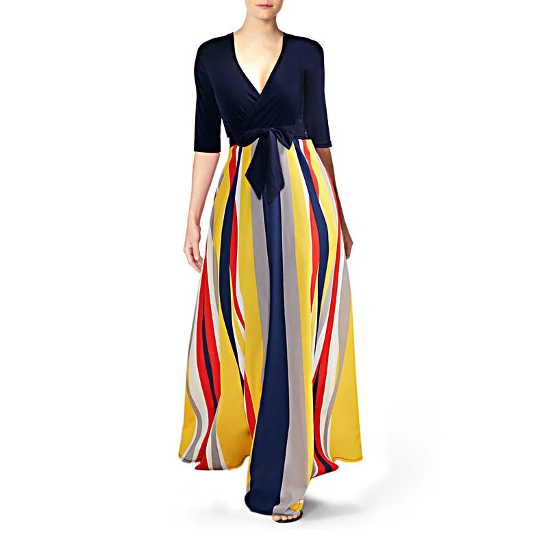 Dresses Woman Party Night Striped Casual Fit and Flare Half Sleeve Ankle-Length Dress with Sashes V-Neck Sexy Lady Maxi Dress Dresses Woman Party Night Striped Casual Fit and Flare Half Sleeve Ankle-Length Dress with Sashes V-Neck Sexy Lady Maxi Dress