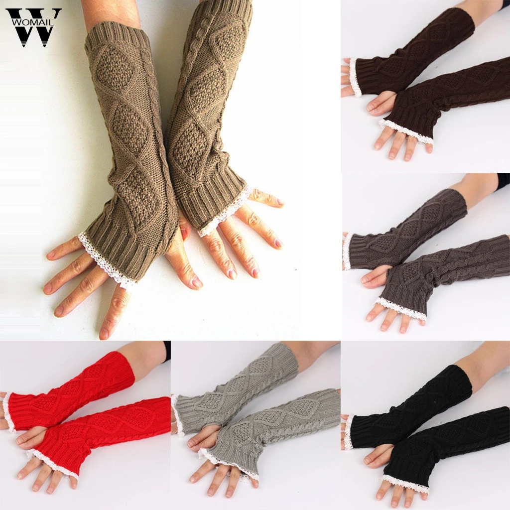 Womail Women Gloves Hand Warmer Winter Gloves Knitted Button Hollow Out Leaf Lace Keep Warm Fingerless Gloves guanti donna