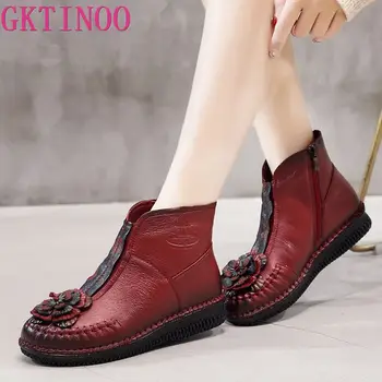 

GKTINOO Handmade Flower Women Boots Round Toe Zip Ankle Boots Women Thick Heel Flat Heels Shoes Woman Genuine Leather Boots