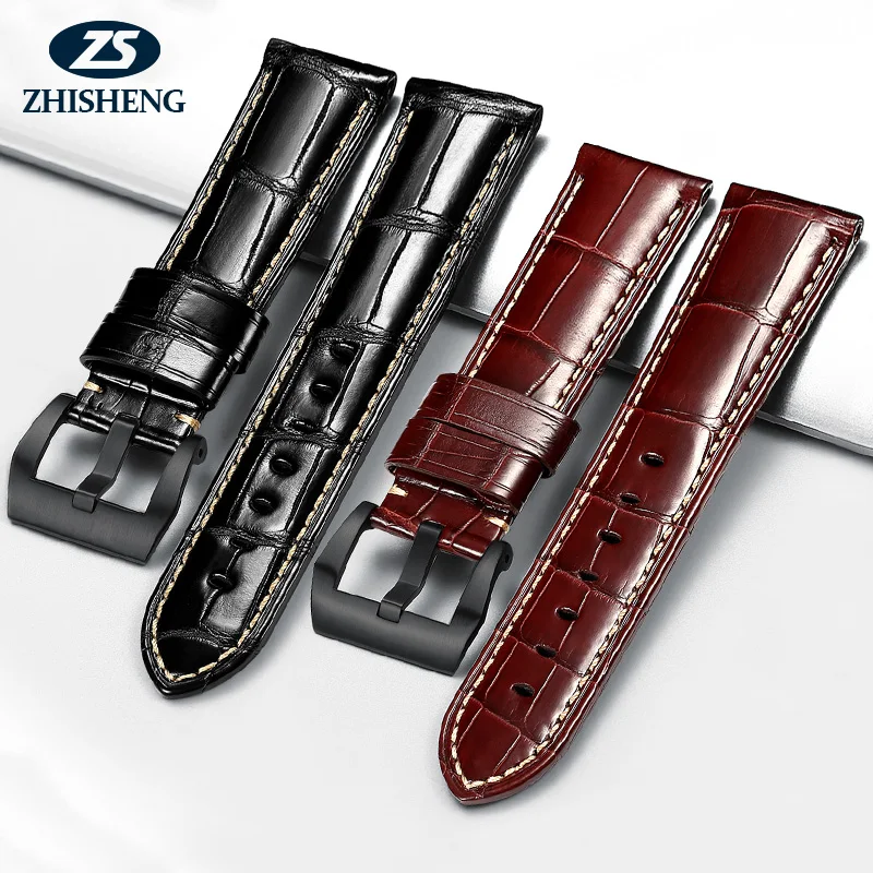 

24mm 26mm Genuine Leather Black Brown Crocodile Grain Vintage Wrist Watch Band Strap with Silver Clasp