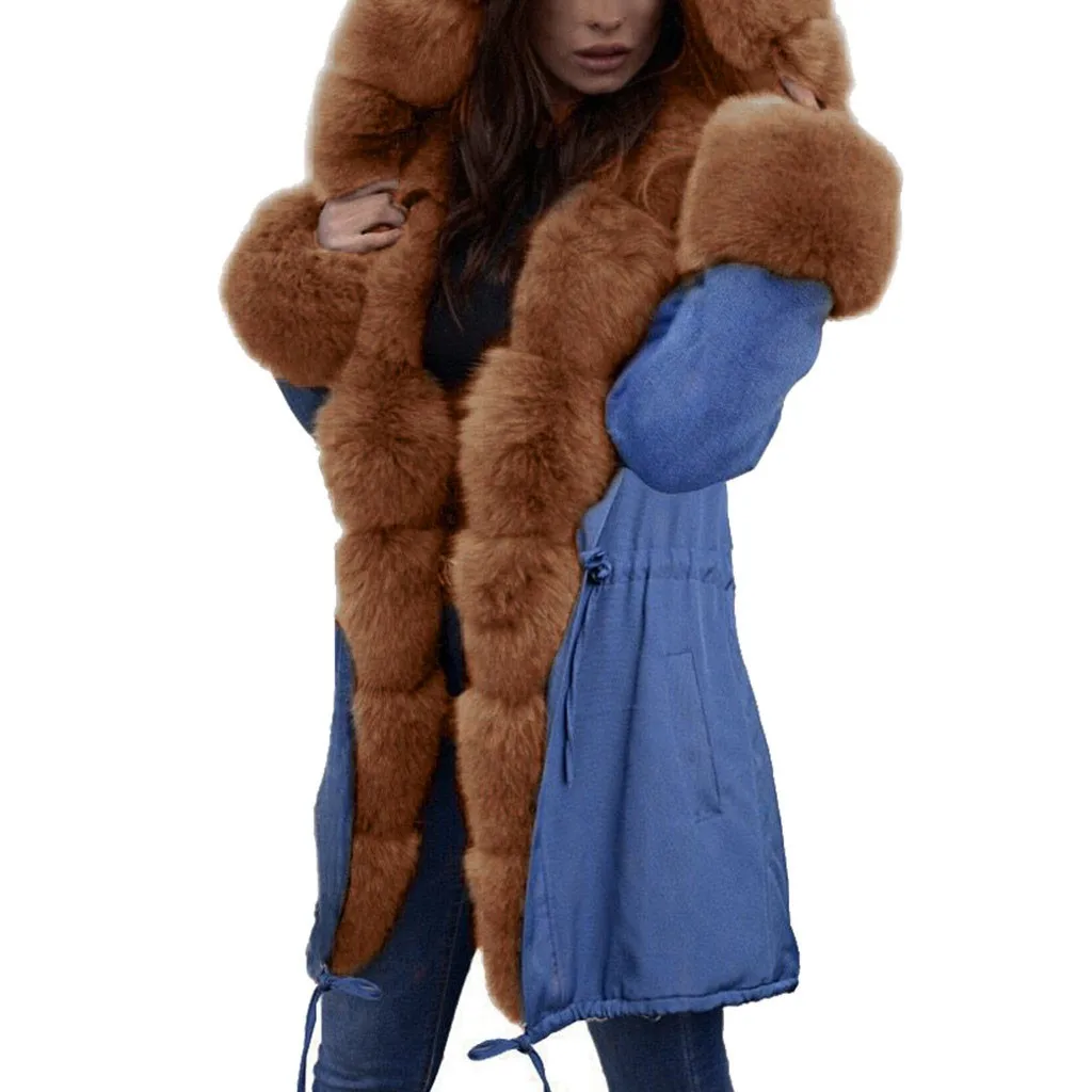Womail/флисовая зимняя джинсовая куртка с капюшоном; пальто с длинным рукавом; сезон зима ; Женская куртка; большие размеры - Цвет: BW