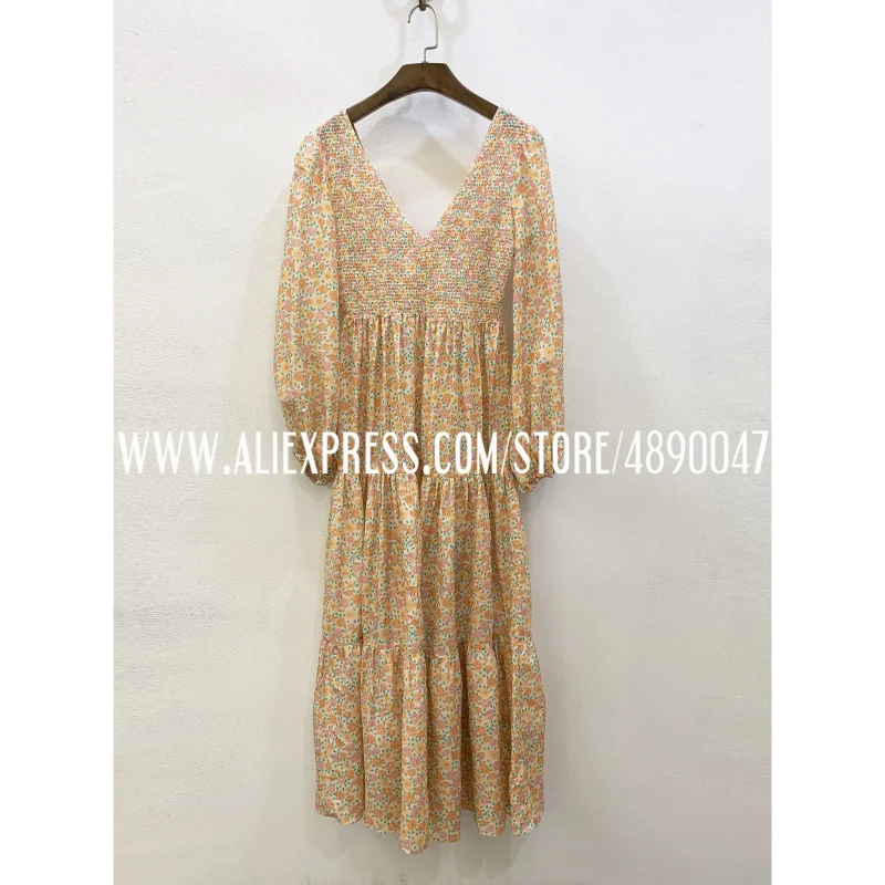 

2020 Early Spring Bohemian Floral Print Stretch Girdle Waist Thin Dress Comfortable Skin-friendly Material V-neck Long Dress