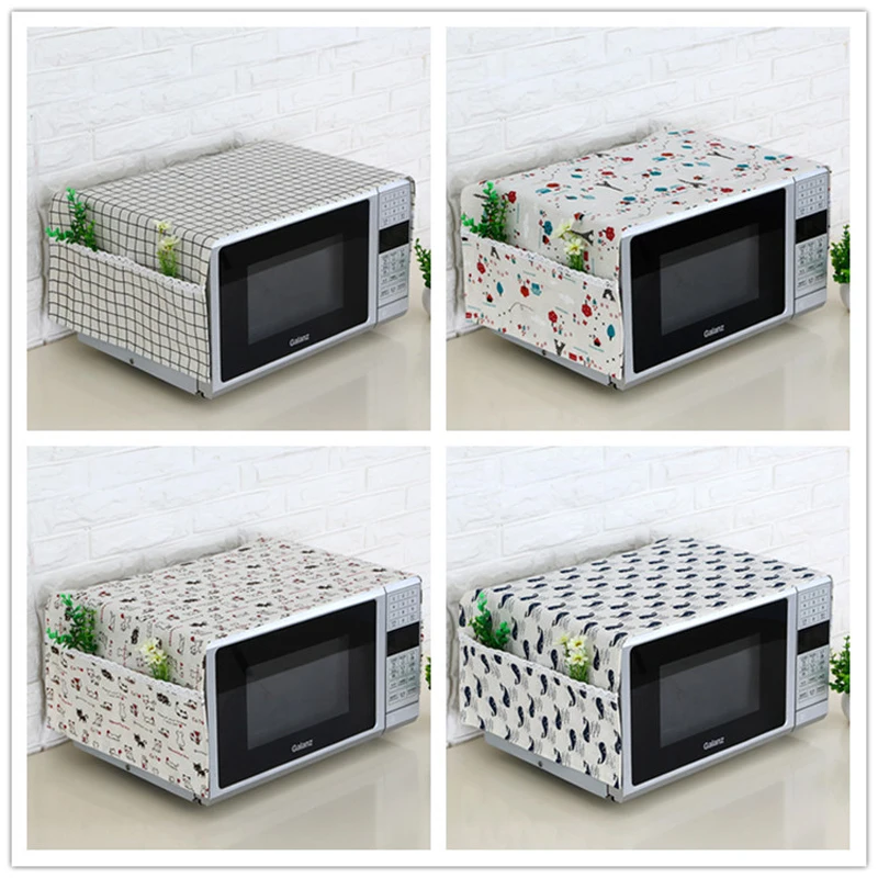

Modern Simple Linen Fashion Microwave Oven Dustproof Cover With Pockets Cloth Microwaves Protector Covers Cubiertas Protectoras