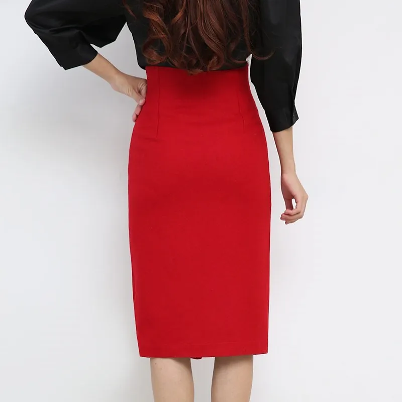 2020 High waist bag hip skirt woolen autumn and winter breasted Casual  Knee-Length  Polyester  Solid  Knee-Length