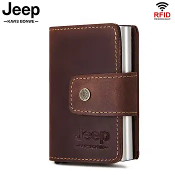 

2020 Men Automatic Credit Card Holder Crazy Horse Cow Leather Wallet Aluminum Mini Wallet Coin Purse ID Card RFID Blocking Perse