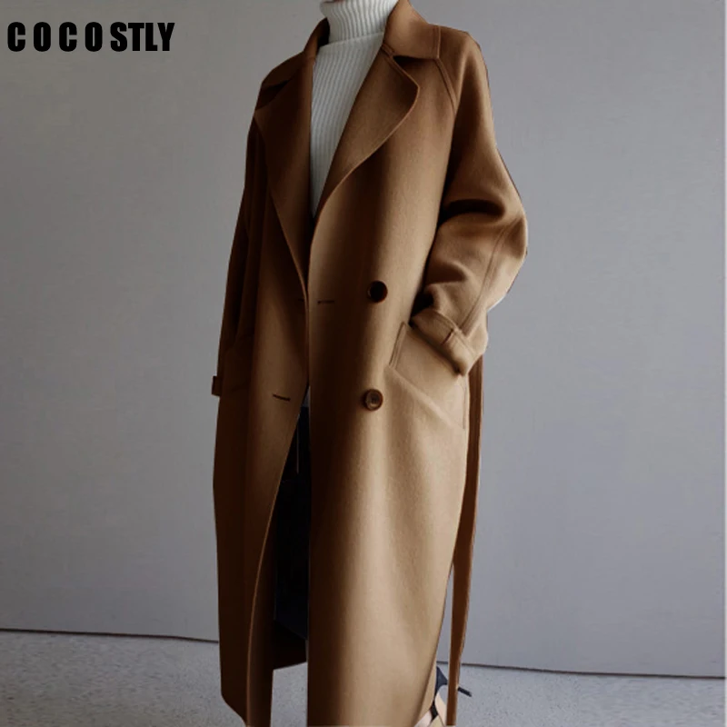 Зимнее пальто в Корейском стиле, Женский широкий лацкан и пояс, карманное шерстяное пальто, длинное пальто оверсайз, шерстяное пальто для женщин