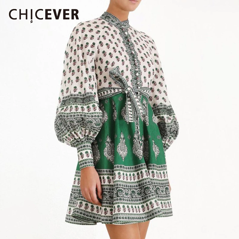 CHICEVER/Винтажные длинные кружевные буффы на рукавах с цветочным принтом, с завышенной талией, элегантное женское мини-платье, осенняя одежда для женщин в Корейском стиле