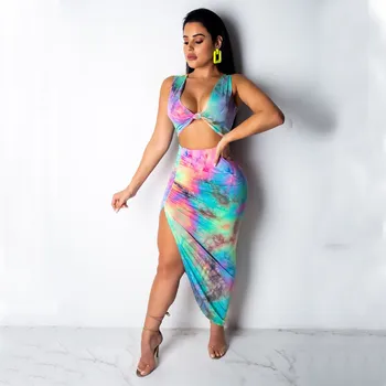 

Sexy Colorful Tie Dye Split Bandage Skirts Two Piece Set Sexy Club Women V Neck Sleeveless Crop Top And Long Skirts Outfit