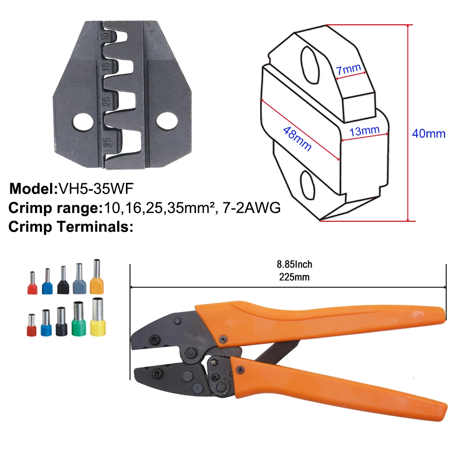 Обжимной инструмент 225 мм трещотка провода щипцы и сменные штампы для термоусадочных разъемов неизолированные наконечники - Цвет: 35WF