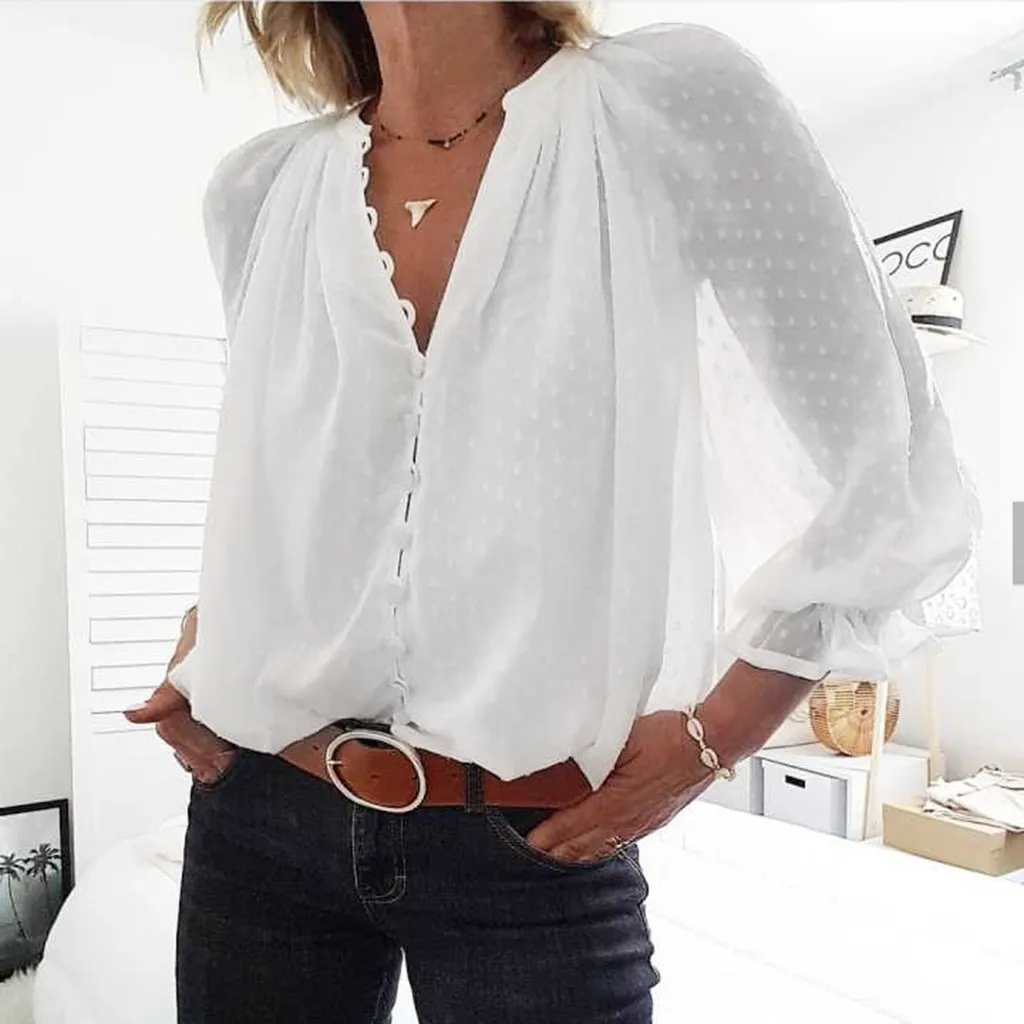 Женские блузки мода длинный рукав v-образный вырез белая рубашка Кнопка Сексуальная шифоновая офисная блузка Тонкий Повседневный кружевной топ плюс размер