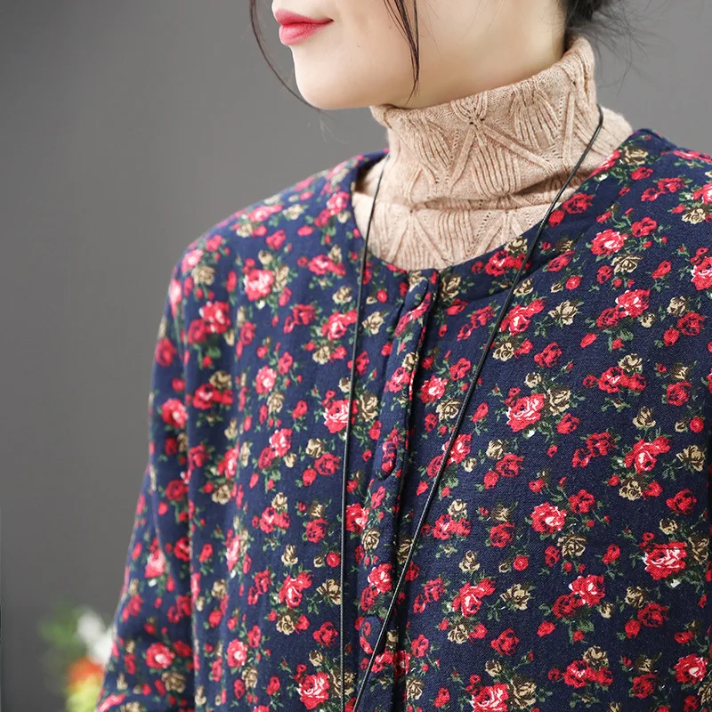 

National Wind Retro Literature And Art Small Floral Thick Quilted Cotton-padded Clothes Mori Girl Line Loose-Fit Hidden Button V