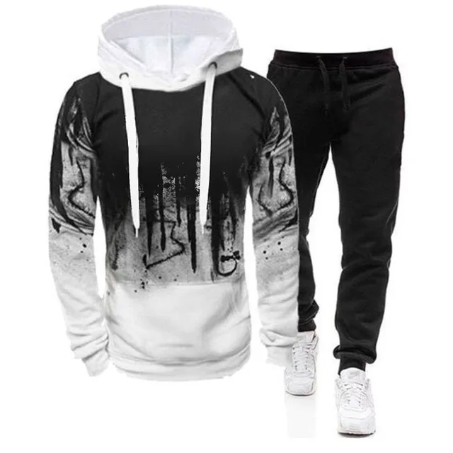 Autumn Spring Men's Set Splash-Ink Print Casual Long Sleeve Hoodie 2 Piece Outfit+Sweatpant 2022 New Gym Jogging Male Tracksuit 2