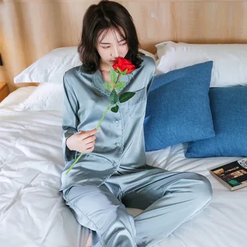 

Sexy Sleep Lounge Pajamas Sets for Women Fashion Spring Solid Color Pajama Set Sleepwear Long Sleeve Trousers Two Paper Suit