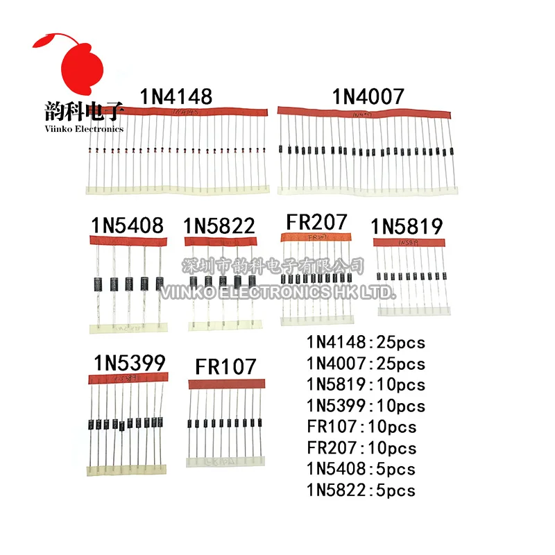 Набор диодов Schottky 1N4148/1N4007/1N5819/1N5399/1N5408/1N5822/FR107/FR207 8 видов = 100 шт. электронные