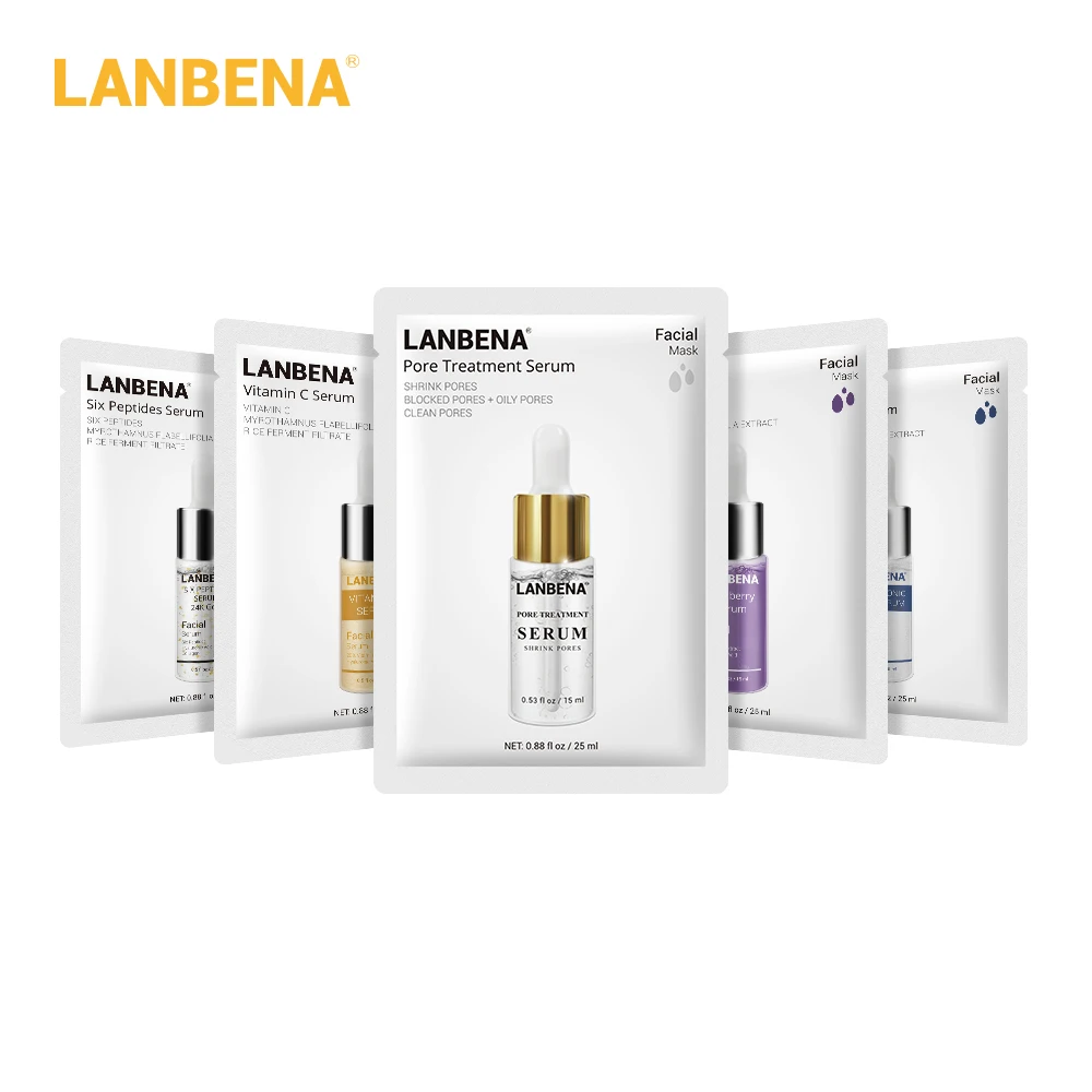 Lanbena маска для лица, сыворотка для лица, маска с гиалуроновой кислотой, лист, витамина С, шесть пептидов,, уход за кожей, увлажняющая, отбеливающая, подтягивающая маски для лица
