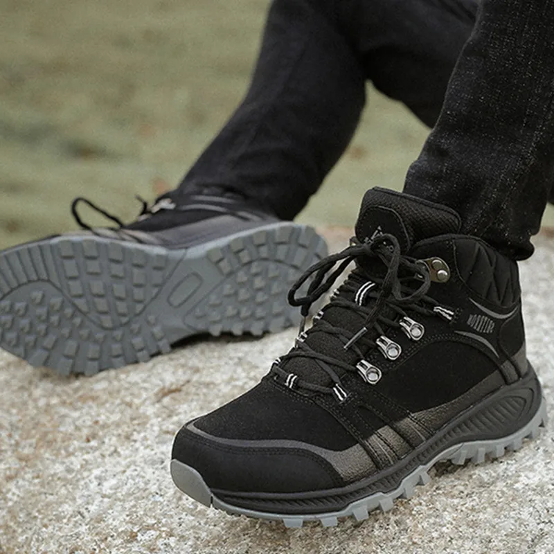 BlackMenFleece Походная обувь из натуральной кожи для мужчин и женщин; Водонепроницаемая Флисовая теплая Треккинговая обувь; большие размеры; обувь для альпинизма - Цвет: BlackMenFleece