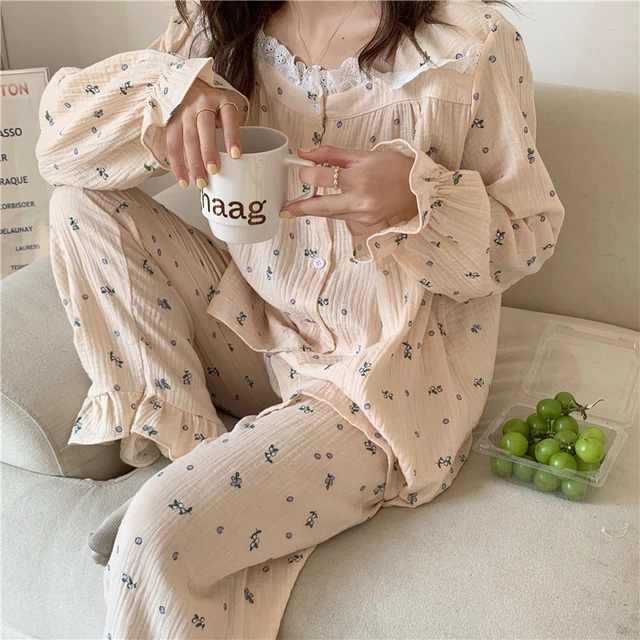 Autumn Winter Women Pajama Set Cotton Linen Flowers Print