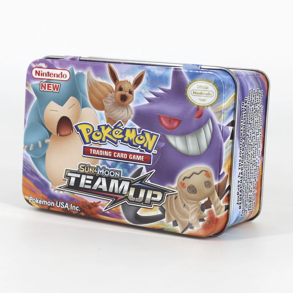 

TCG Pokemon Card MEGA Trainer Energy SUN MOON TEAM UP Collection Board 42pcs Flash Card Metal Box for Kids