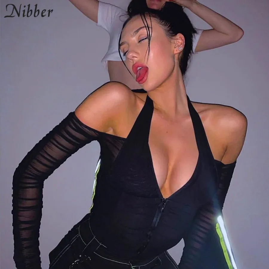 NIBBER, модная сексуальная сетчатая Лоскутная футболка с v-образным вырезом, Женский Короткий Топ без бретелек с длинным рукавом,, Клубные вечерние футболки - Цвет: Черный