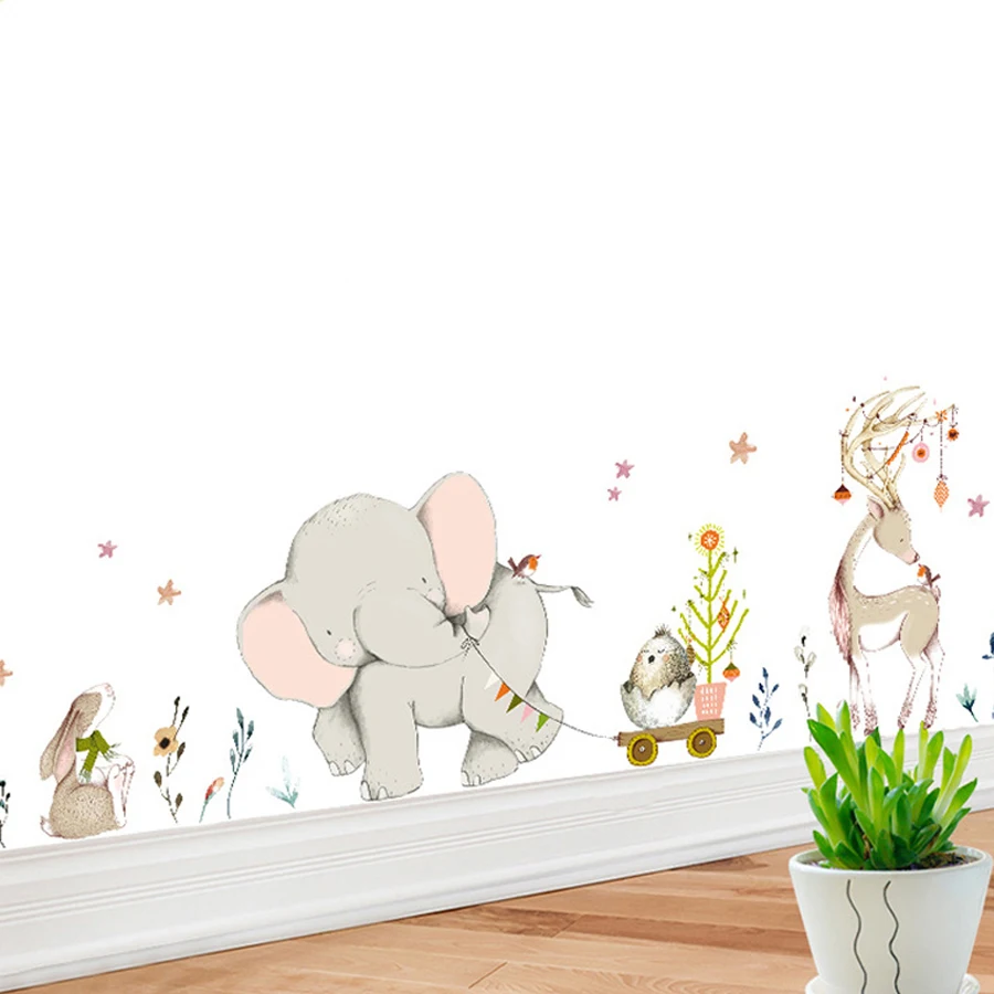Мультфильм лес Flowe слон кролик Жираф Животные наклейки на стену для детей комнаты декоративные виниловые обои для детской спальни настенные наклейки