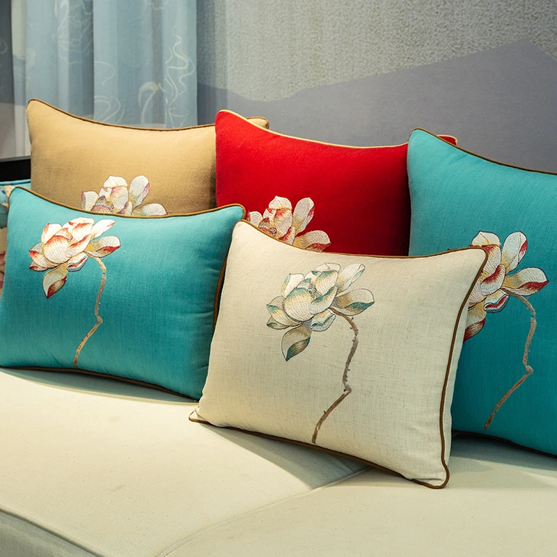 

Fine Embroidery Lotus Cotton Linen Covers Cushion Pillow Case Chinese Decor Sofa Chair Back Cushion Cover Lumbar Pillow Covers