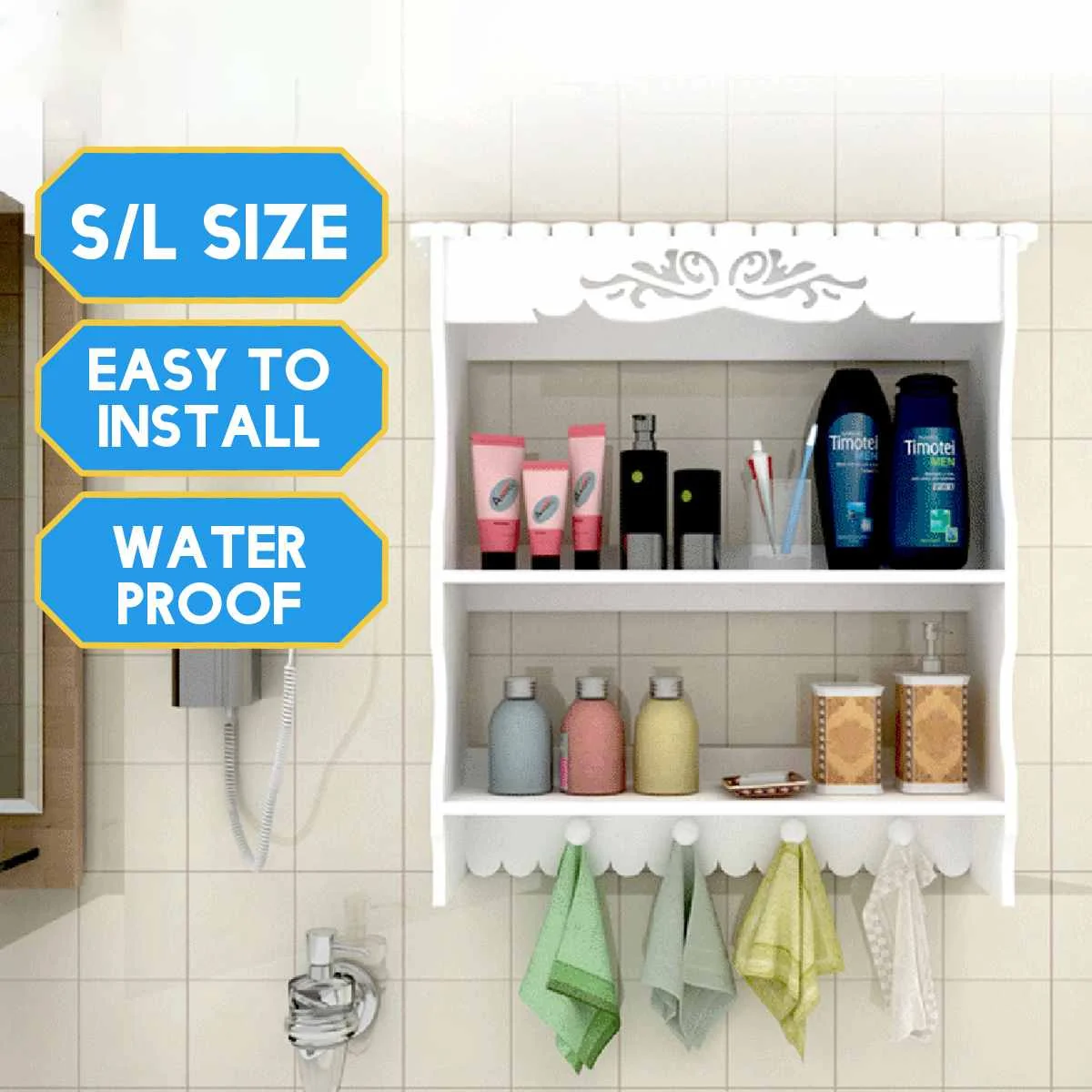 

2-Tiers Wall-mounted Attic Wave Pattern Bathroom Shelf Storage Shampoo Holder with Towel Hooks Organizer Home Storage Rack White