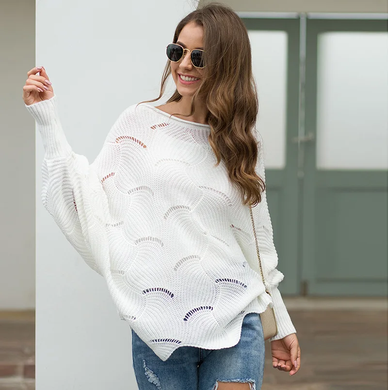 

2019 Fashion Knitted Sweater Pullovers spring Autumn sweater women's hollow hook loose sweater bat sleeve oversize women Sweater