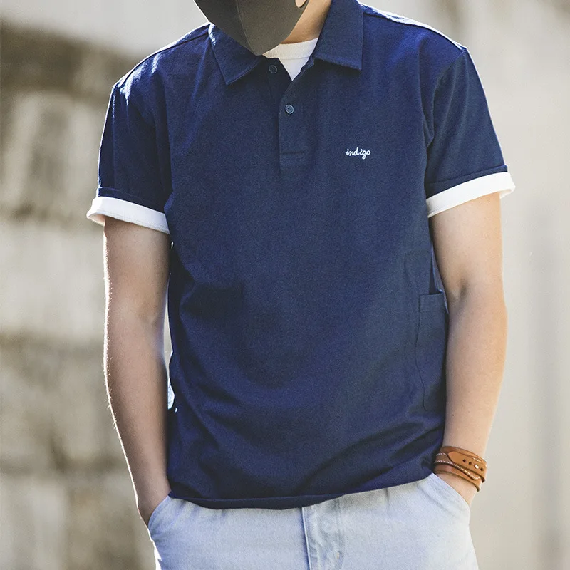 

Madden Workwear Japanese-style Retro Fold-down Collar Blue Short Sleeve Solid Color Pure Cotton Summer Base T-shirt Polo Shirt T