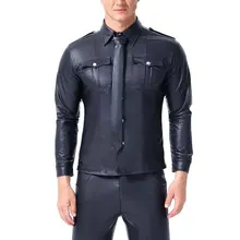 Черная Мужская футболка из искусственной кожи с длинными рукавами, футболки из искусственной кожи, мужские сексуальные топы для фитнеса, футболка для геев, сексуальное платье для вечеринки