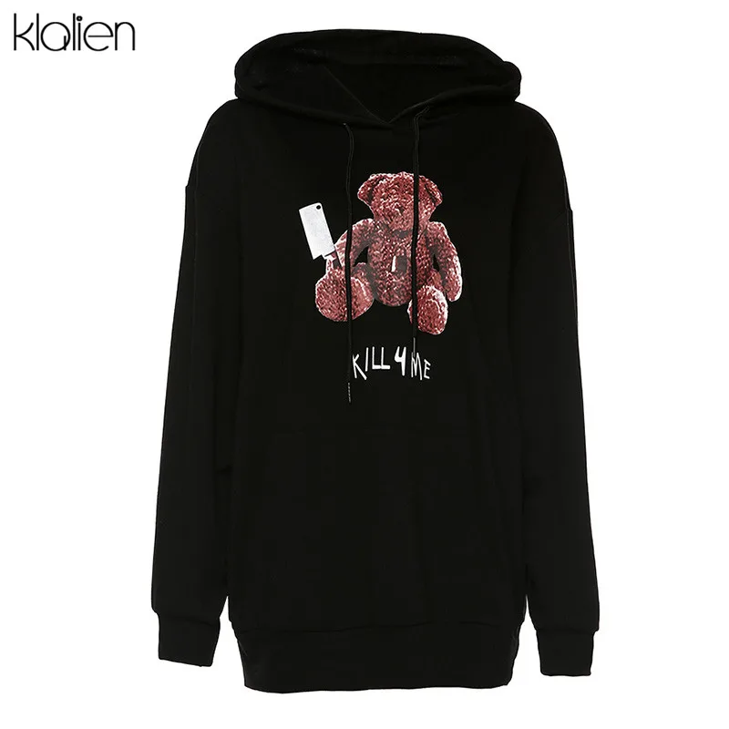 KLALIEN, женские модные толстовки с принтом медведя, хлопковые теплые свободные толстовки с капюшоном, Осень-зима, женская повседневная одежда с карманом, уличная одежда