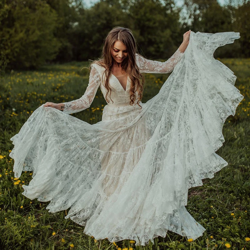 『Cheap!!!』- Tiered Lace Boho Long Sleeves Wedding Dress Open Back
Deep V-Neck Ribbon Tulle Garden Beach A Line Nude 2022 Bridal Gowns