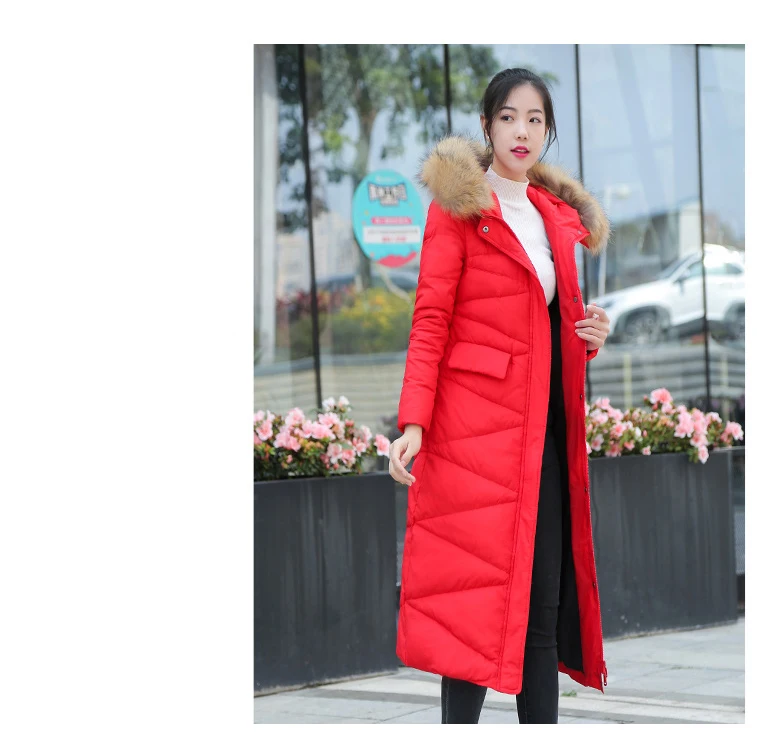 Fashion Fur Collar Hooded Down Coat Women Long Jacket New Winter Slim Warm Parkas Female Overcoat Red Coat Tops Women WM140